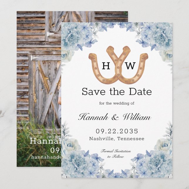 Invändig Blommigt av Brown Horseshoe Monogram Phot Spara Datumet (Fram/baksida)