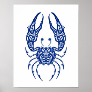 Invecklad blåttcancerZodiac på vit Poster