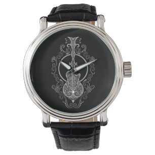 Invecklad grå färggitarrdesign på svart armbandsur