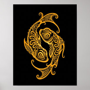 Invecklad gul Pisces Zodiac på svart Poster