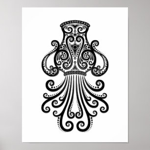 Invecklad svart AquariusZodiac på vit Poster