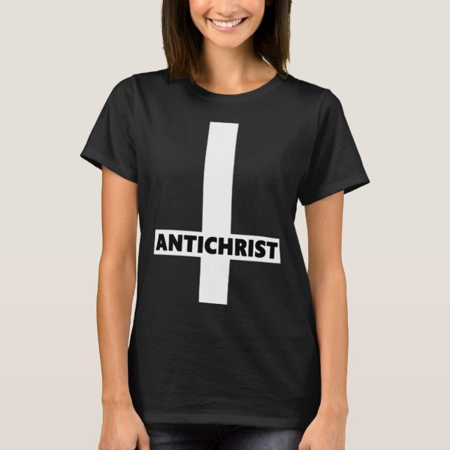 Inverted Cross Antichrist Upside Down Satan Atheis T Shirt (Framsida)