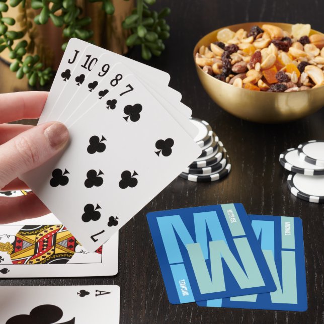 inverterad 2-tonsblå Monogram initial och namn Casinokort (På plats)