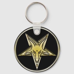 Inverterad Pentagram med det guld- gethuvudet Nyckelring