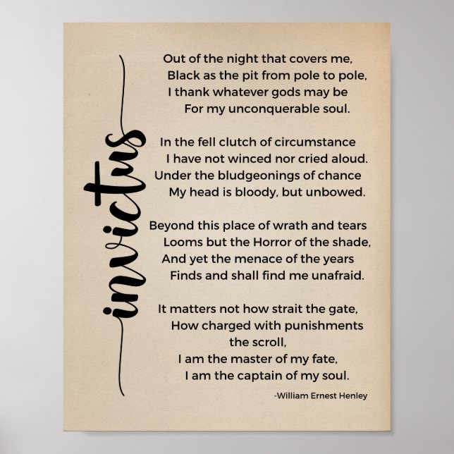 Invictus Dikt av William Ernest Henley Vintage Poster (Framsidan)