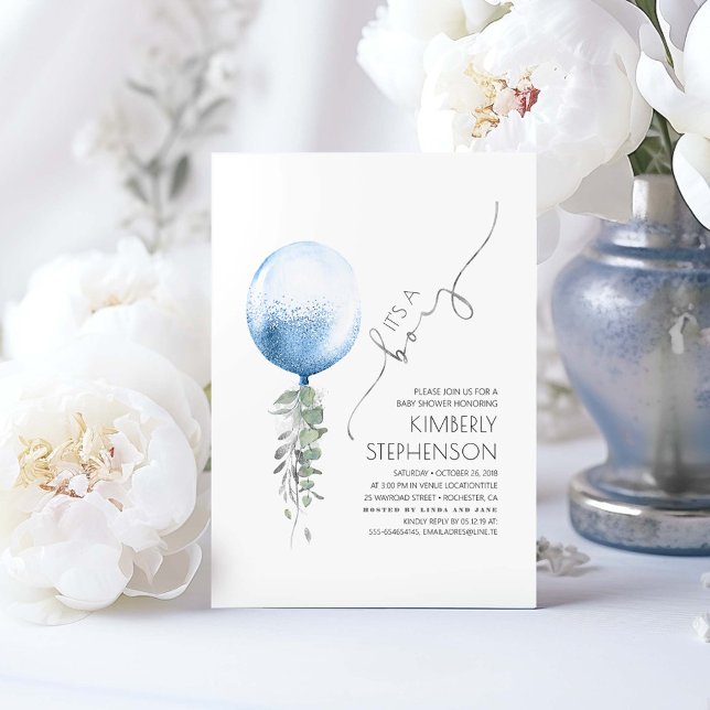 Invit från silver Grey och Blue Balloon Baby Showe Inbjudningar (It's a Boy! Silver and Blue Baby Shower Invitations)