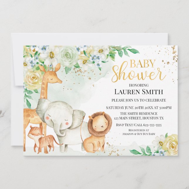 Invitación a Baby Shower para animales florales Inbjudningar (Framsida)