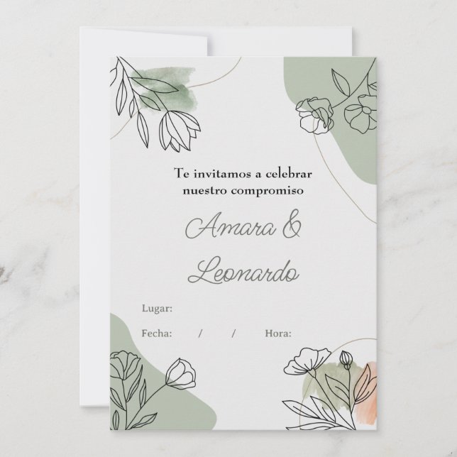 Invitación a compromiso o boda con flores inbjudningar (Framsida)