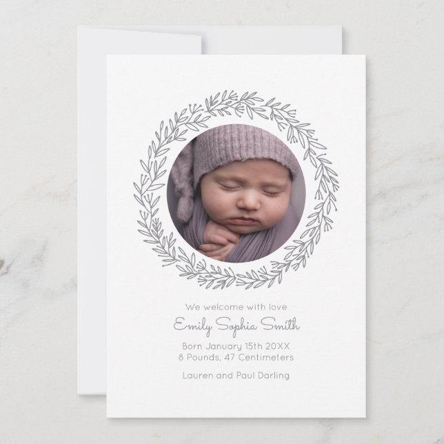 Invitación Baby Announcement Photo Card Wreath mod Inbjudningar (Framsida)