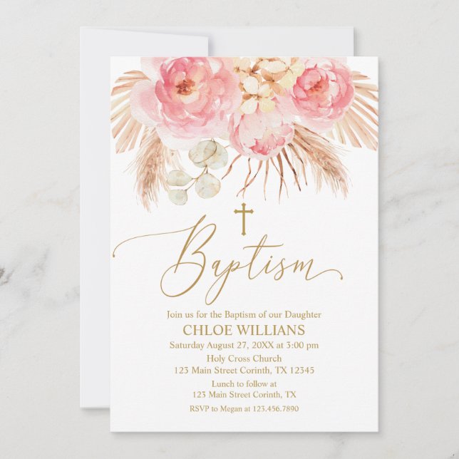 Invitación Baptism Floral pink Boho Pampas Girl In Inbjudningar (Framsida)