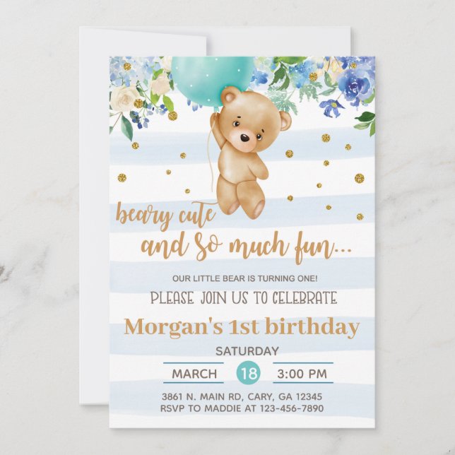 Invitación Beary cute bear balloon boy birthday in Inbjudningar (Framsida)