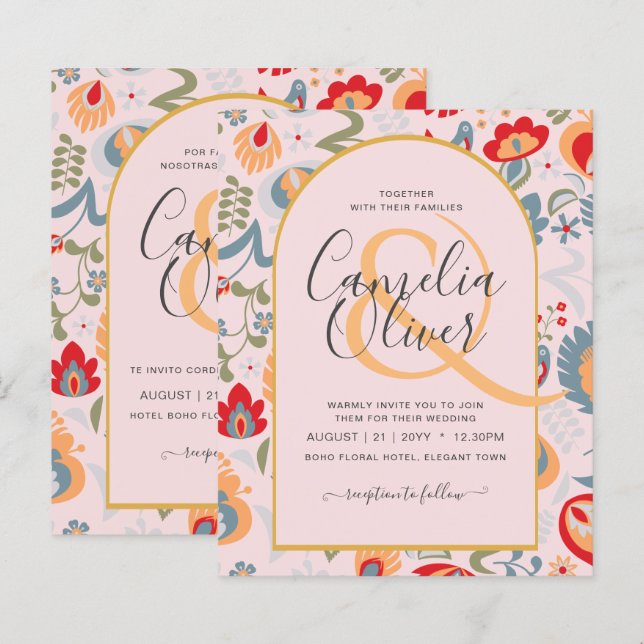 invitación bilingüe de boda de flores populaire (Fram/baksida)