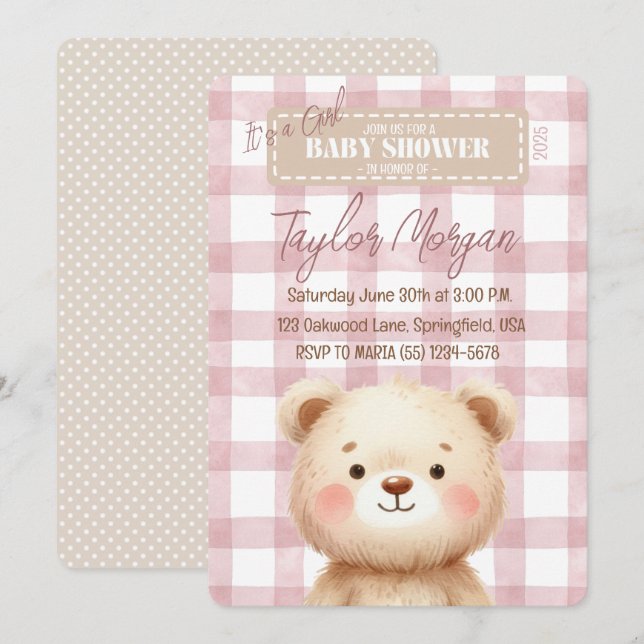Invitación Blue Gingham Teddy Bear Inbjudningar (Fram/baksida)