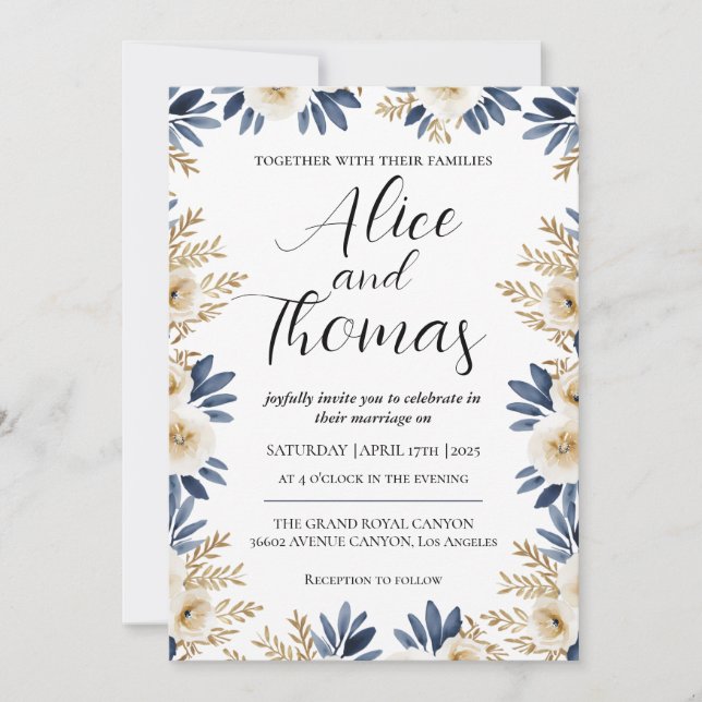 Invitación Boda Primavera Elegante Floral BlueGold Inbjudningar (Framsida)