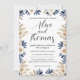 Invitación Boda Primavera Elegante Floral BlueGold Inbjudningar