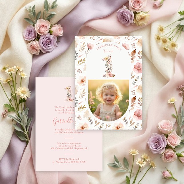 Invitación Boho Floral Number 1 Pink First Birthda Inbjudningar (Boho Floral Number 1 Pink First Birthday Invitation with Romantic Watercolor Effect Wildflowers.)