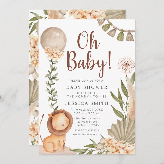 Invitación Boho Lion watercolor oh baby invitation Inbjudningar (Fram/baksida)
