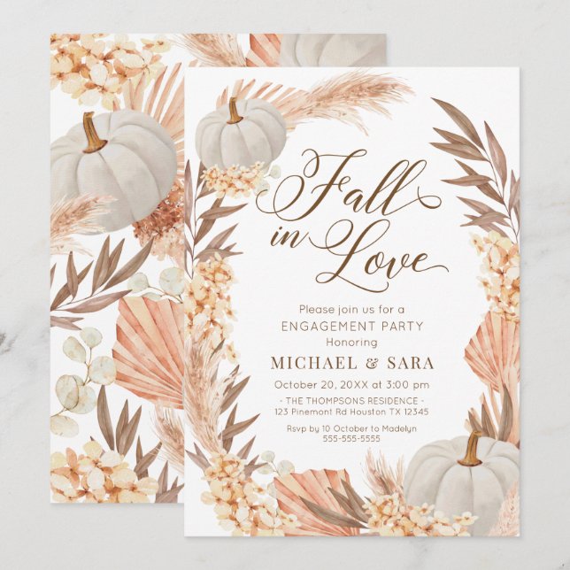 Invitación Boho Pampas Pumpkin White Fall Engageme Inbjudningar (Fram/baksida)