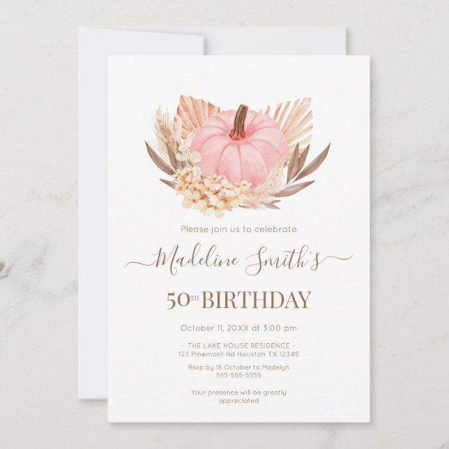 Invitación Boho Pink Pampas Grass Pumpkin Birthday Inbjudningar (Framsida)