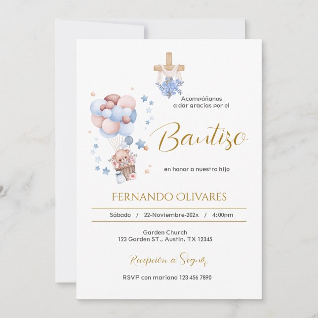 Invitación de Bautizo para niño oso y globos Inbjudningar (Framsida)