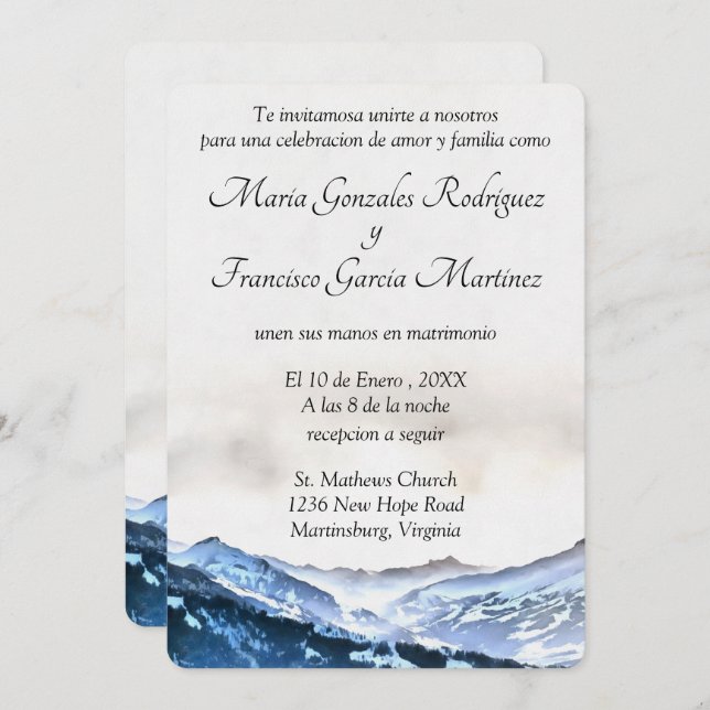 Invitacion de Boda Acuarela Montaña Brumosa Azul Inbjudningar (Fram/baksida)