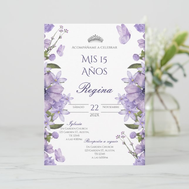 Invitación de Quinceañera flores moradas Inbjudningar (Stående Fram)