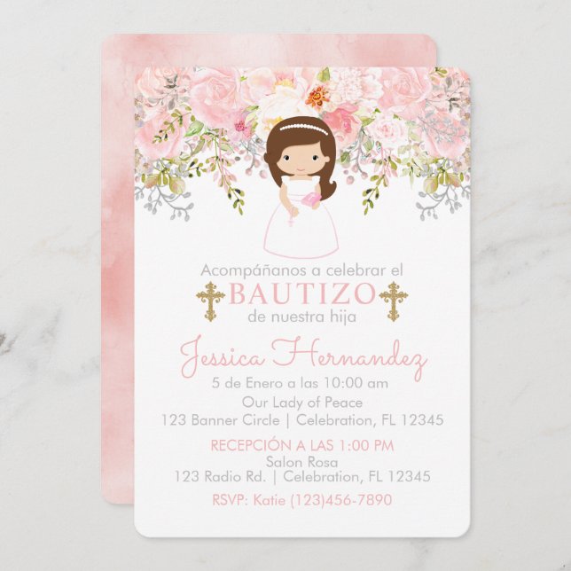 Invitación de Rosas para Bautizo de niña Invitatio Inbjudningar (Fram/baksida)