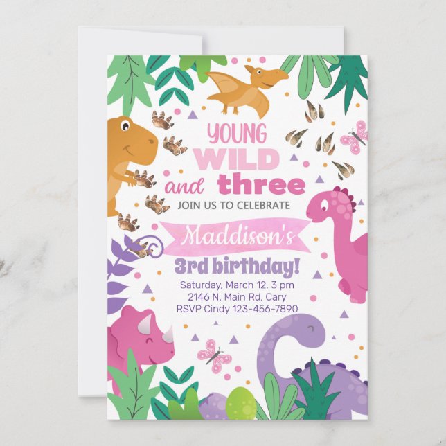 Invitación Dinosaurs girl birthday invitation dino Inbjudningar (Framsida)