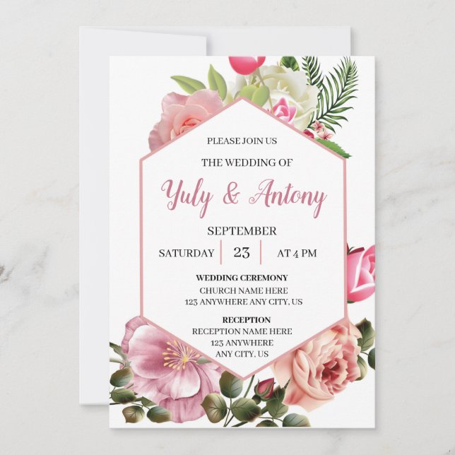 Invitación elegante de boda floral rosa con blanco inbjudningar (Framsida)