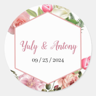 Invitación elegante de boda floral rosa con blanco runt klistermärke