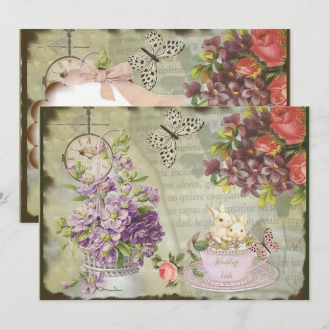 Invitación estilo decoupage romántica vintage 2017 inbjudningar (Fram/baksida)
