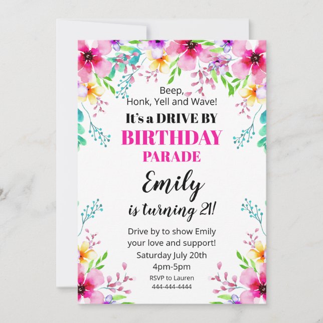 Invitación Floral Birthday Drive By Parade Invitat Inbjudningar (Framsida)