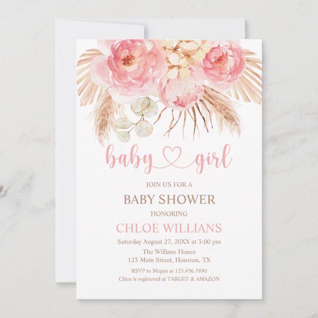 Invitación Floral pink Boho Pampas Baby Girl Invit Inbjudningar (Framsida)