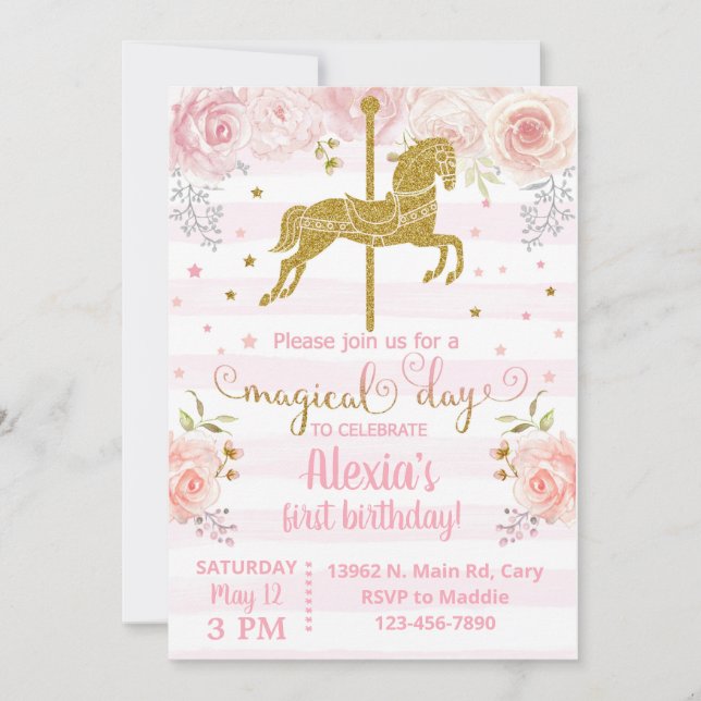 Invitación Gold carousel horse birthday invitation Inbjudningar (Framsida)