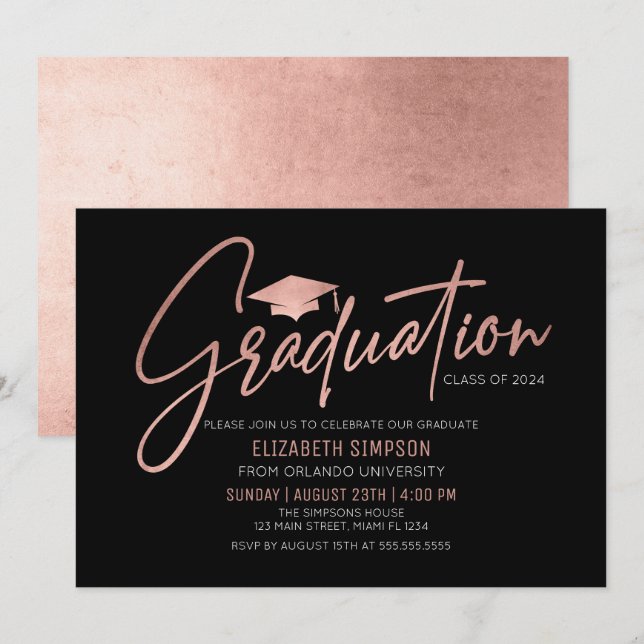 Invitación Modern black and rose gold Graduation I Inbjudningar (Fram/baksida)