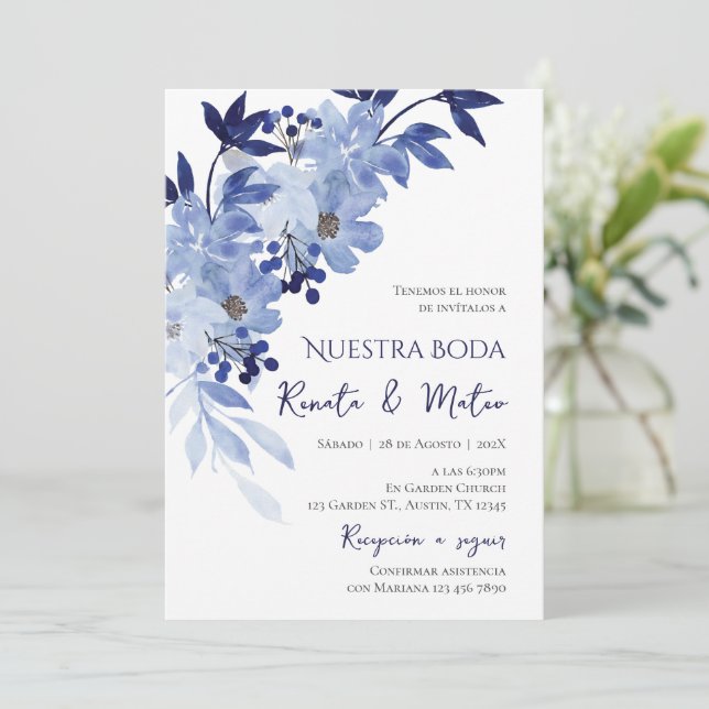 Invitación Navy Blue Spanish Wedding Invitation Inbjudningar (Stående Fram)