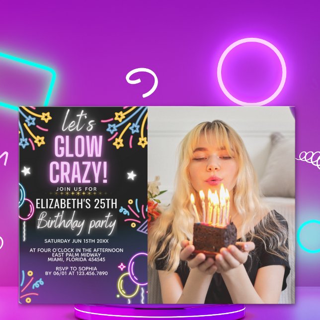 Invitación Neon Glow - Birthday Party with Photo Inbjudningar (Skapare uppladdad)