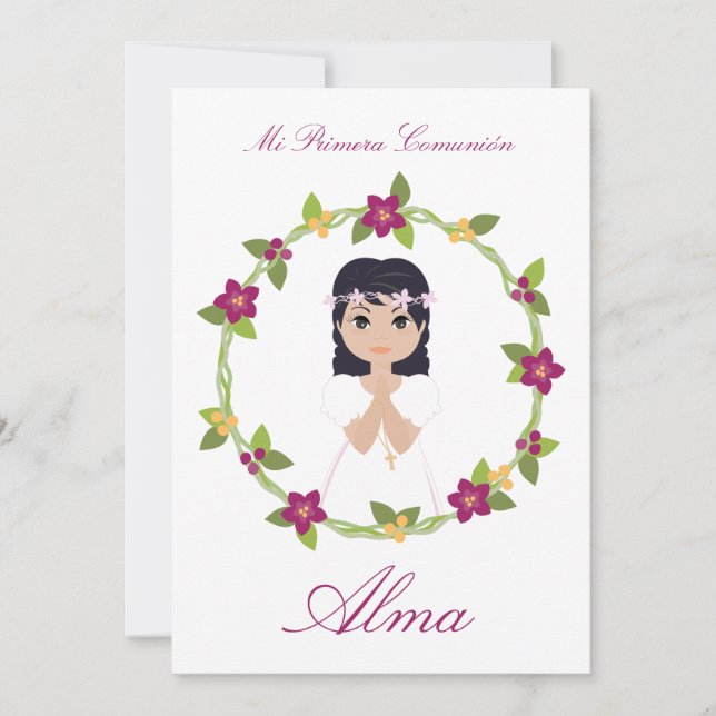 Invitación Niña Primera Comunión con Orla Floral (Framsida)