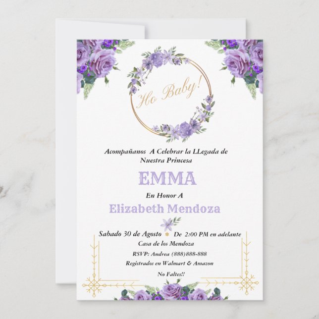 invitacion para Baby Shower con Flores purpura Inbjudningar (Framsida)