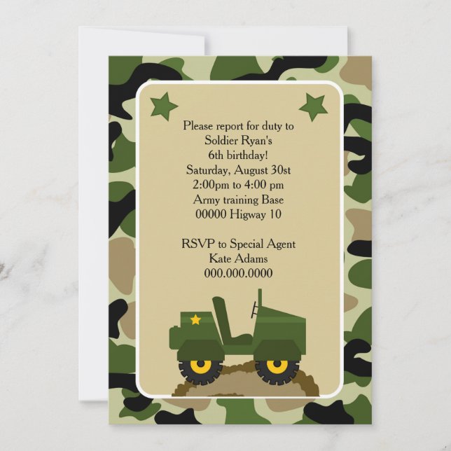 Invitacion para fiesta militar Soldado camuflage Inbjudningar (Framsida)