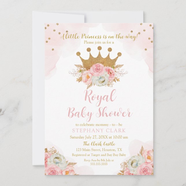 Invitación Princess Floral Pink & Gold Baby Shower Inbjudningar (Framsida)