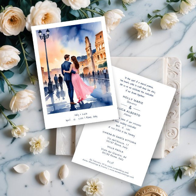 Invitación Rome Coliseum Colorful Cityscape Weddin Inbjudningar (Rome Coliseum Colorful Cityscape Wedding Couple Illustration Invitations Cards. )