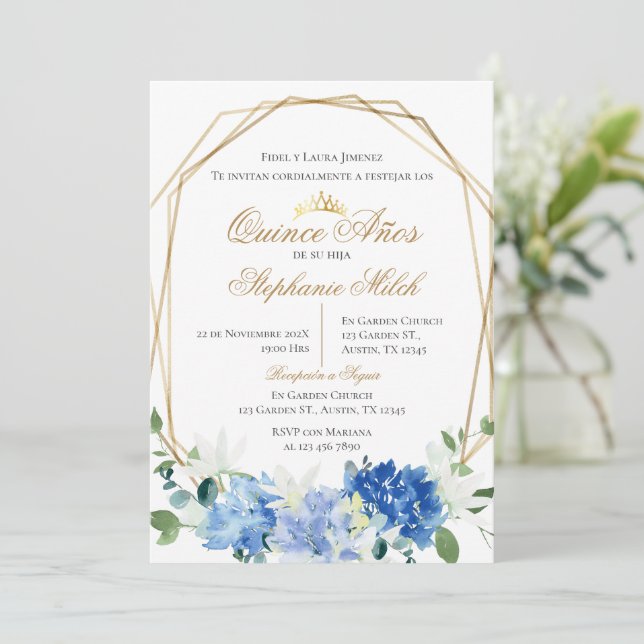 Invitación Spanish Quinceanera Blue floral invit Inbjudningar (Stående Fram)