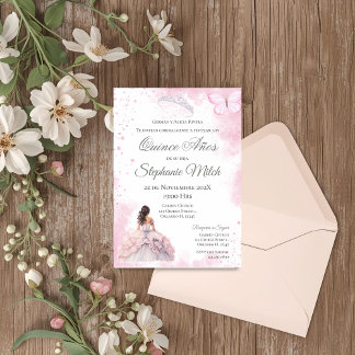Invitación Spanish Quinceanera pink floral invite Inbjudningar