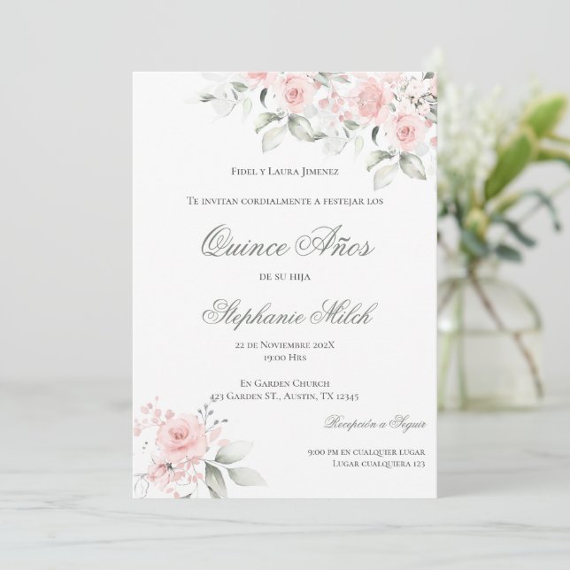 Invitación Spanish Quinceanera pink floral invite Inbjudningar (Stående Fram)