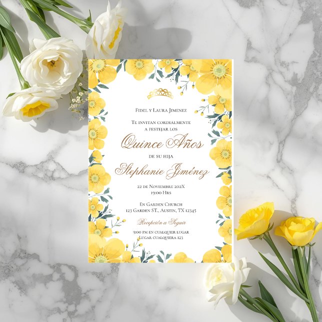 Invitación Spanish Quinceanera yellow floral invit Inbjudningar (Skapare uppladdad)