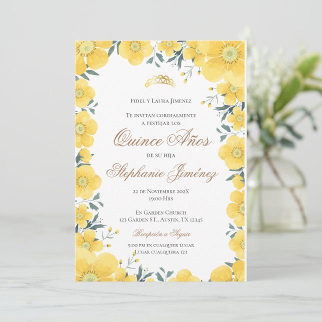 Invitación Spanish Quinceanera yellow floral invit Inbjudningar (Stående Fram)