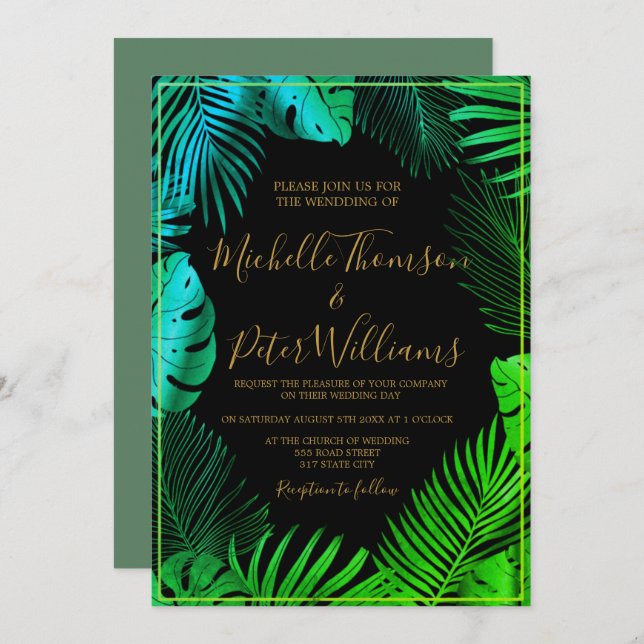 Invitación tropical gold watercolor wedding inbjudningar (Fram/baksida)