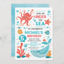 Invitación Under the Sea blue and coral birthday i