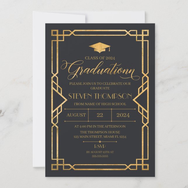 Invitación Vintage Art Deco Graduation Invitation Inbjudningar (Framsida)